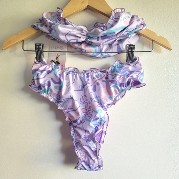 Oceanus, Teresa Bandeau Ruffle Abstract Bikini Set, Purple/Seafoam/Lilac, Size S - Picture 3 of 6